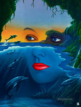 Fish Aquarium Painting - fantasy face in sky and sea ocean
